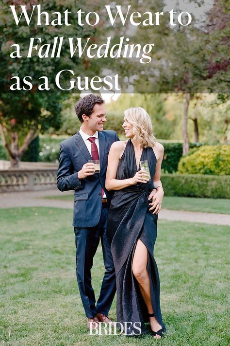 Can't figure out what to wear to a fall wedding? We put together a guide to help you choose the best colors, accessories, and styles fit for every fall wedding dress code. // Photo: Rebecca Yale Photography Formal Dresses For Weddings Guest Black, Cocktail Attire Couples Outfit, What Color Dress Goes With Navy Suit, Wedding Guest Couple Outfit Fall, Fall Wedding Guest Colors, Fall Wedding Couple Outfits Guest, What To Wear To A Semi Formal Wedding, Fall Wedding Guest Pants Outfit, Family Wedding Outfits Guest