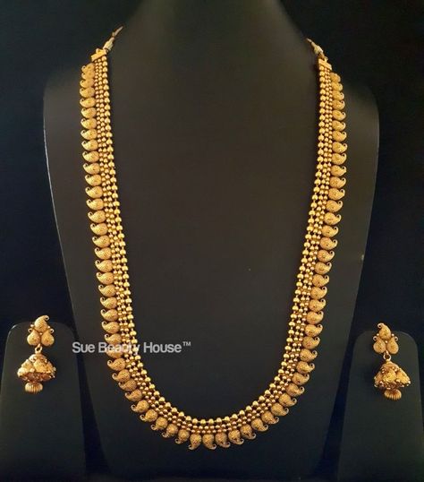 Mango Design Long Necklace Gold, Aaram Gold Designs, Mango Design Necklace Gold, Mango Necklace Indian Gold, Mango Necklace Designs, Indian Gold Necklace Designs, Mango Design, Mango Necklace, Temple Jewellery Earrings