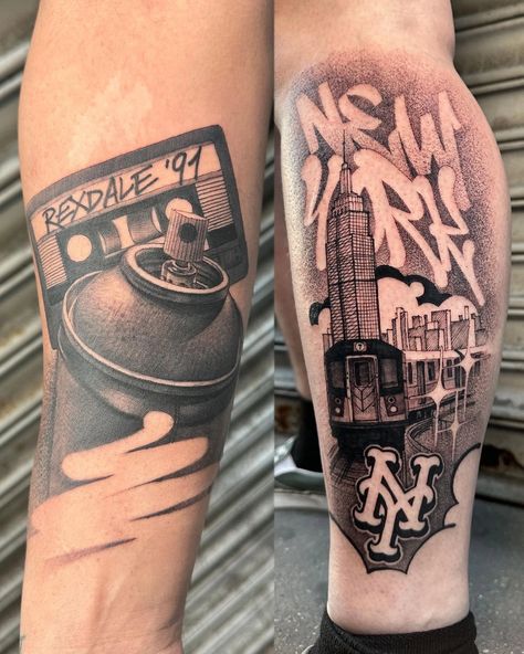 Nyc Tattoo Sleeve, Street Name Tattoo, Hiphop Tattoo Ideas, Street Tattoo Design, Bronx Tattoo Ideas, Urban Tattoos Designs, Graffiti Tattoo Design, Hiphop Tattoo, Hip Hop Tattoo