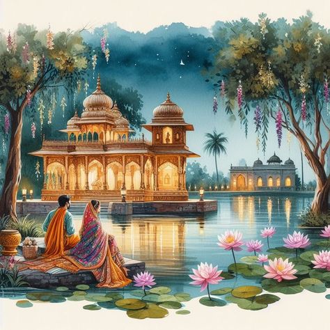 Indian Wedding Drawing, Couple Mehndi, Hindu Couple, Lotus Lake, Village Drawing, Rajasthani Painting, Indian Traditional Paintings, Couple Sitting, Nature Art Drawings