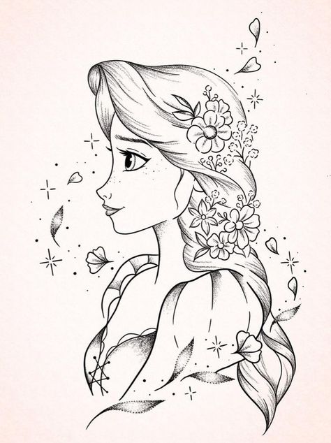 Rapunzel Tattoo Meaning, Rupunzle Drawing, Cute Disney Princess Drawings, Rapunzel Drawing Sketch, Tangled Drawings Easy, Princess Belle Drawing, Rapunzel Pics, Rapunzel Tattoos, Fineliner Art Illustration