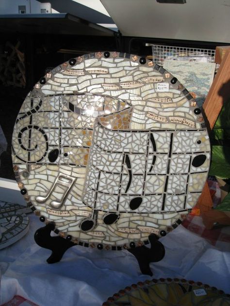 Music inspired mosaic. Mosaic Plate, Mosaic Wall Hanging, Mosaic Furniture, Mosaic Tray, Mosaic Madness, Drum Head, Glass Mosaic Art, Mosaic Pieces, Mosaic Artwork