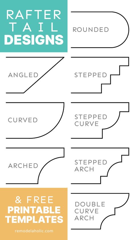 See how to cut rafter tail designs to add shape and style to the rafter ends of a pergola or arbor, plus get 8 FREE printable rafter tail patterns to help your next outdoor building project have a professional look. Roof Ending Detail, Pergola Ends Designs, Pergola Rafter Tails Design, Rafter Tails Exposed, Corbel Template Printable, Rafter Tails Design, Post Wrap Ideas, A Frame Pergola, Corbel Design