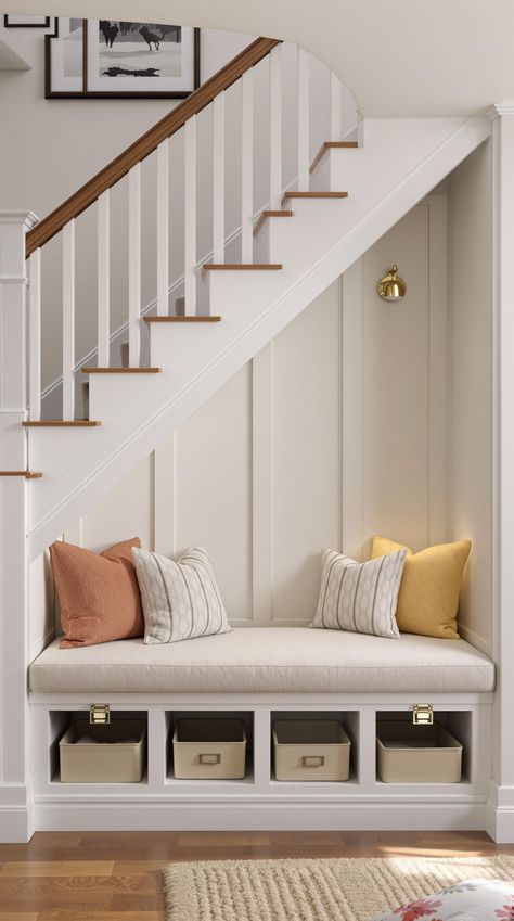 Staircase Storage Under Stairs Under Stair Bench, Under Stairs Entryway Ideas, Entryway Under Stairs, Under Stairs Seating, Open Under Stairs Ideas, Storage Under Stairs Ideas, Staircase Storage Under Stairs, Stair Seating, Storage Under Stairs