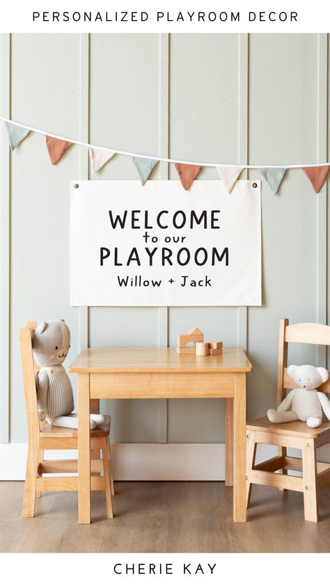 Personalized canvas sign for playroom decor with "Welcome to our Playroom" and children's names (Willow + Jack) printed on it. Neutral color banner ideal for kids' play areas, nurseries, or classrooms, featuring high-quality canvas material for a modern, minimalist look. Playroom Inspiration For Kids, Playroom Wall Ideas, Magical Playroom, Playroom Colors, Gender Neutral Playroom, Whimsical Playroom, Custom Playroom, Playroom Walls, Toddler Room Organization