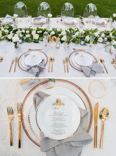 Gray Table Setting, Grey Table Setting, White Rose Garland, Silver Wedding Gowns, White Wedding Table Setting, Princess Table, Gold Table Decor, Gold Table Setting, White Table Settings