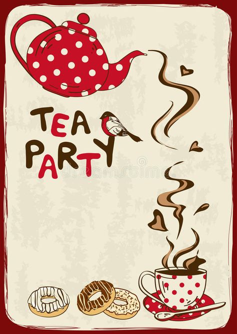 Tea party invitation with teapot and teacup. Vintage tea party invitation with teapot, teacup, saucer, spoon and bird vector illustration Tea Time Illustration, Pot Design, Tea Party Invitations, Cartoon Pictures, Vintage Tea Party, Free Tea, Art Comic, Bar Art, Vintage Dinnerware