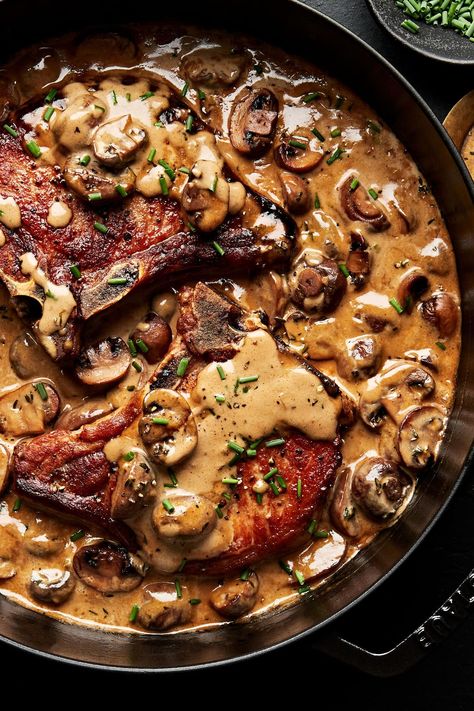 Pork Chops with Mushroom Cream Sauce | The Modern Proper Pork Chop Mushroom Sauce, Pork Chops With Mushroom Sauce, Pork Chop Recipes With Mushrooms, Pork Chop Mushroom Recipes, Easy Pork Chop Recipes In Oven, Pork Chops Mushrooms, Creamy Mushroom Pork Chops, Pork Chops With Mushrooms, Gluten Recipes