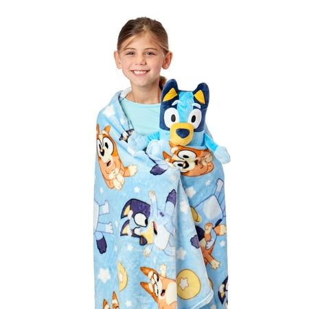 The Bluey Hugger set includes a 50 in x 60 throw blanket and an 11 in character pillow. The plush throw features Bluey Bouncing Around pattern, crafted from high-quality 100% polyester. The pillow is a 3-dimesional life-like Bluey character. Together, this set makes the perfect combo for children to snuggle up with at home. Perfect for gifting to any Bluey fan. Size: Throw: 50 in x 60 in Character: 11 in.  Color: Multicolor. Bluey Blanket, Bluey Merch, Bluey Stuff, Bisexual Wallpaper Iphone Aesthetic, Harry Potter Kids, Mom Life Hacks, Easy Crochet Animals, Holiday Trends, Kids Fabric