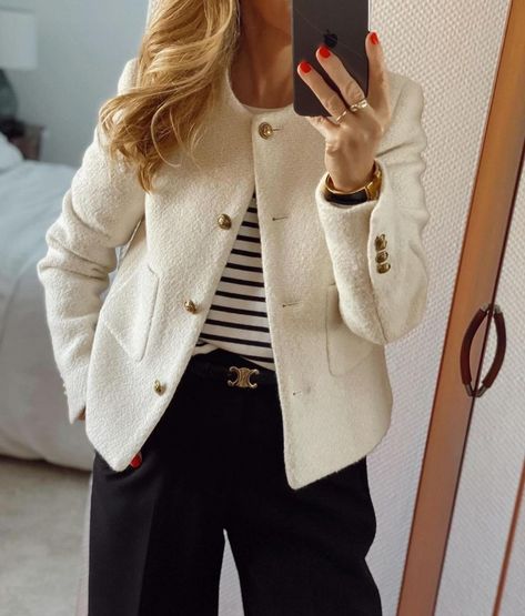 Chanel Coat Outfit, Chanel Tweed Jacket Outfit, White Tweed Blazer Outfit, Tweed Blazer Outfit, Chanel Inspired Outfit, Tweed Jacket Outfit, Chanel Tweed Jacket, Chanel Coat, Over 60 Fashion