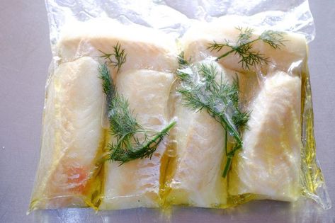 Enjoy a delicious dish dinner and try this sous vide cod loins in white dill sauce. The ingredients combination really works with the cod's neutral flavor. Then the sous vide cooking method made sure that your cod is perfectly cooked. An absolute must-try! #sousvide #sousviderecipes #sousvidefish #codloins #seafood Sous Vide Cod, Cod Loin Recipes, Sous Vide Fish, Sous Vide Meals, Sous Vide Recipes, Meatless Main Dishes, Dill Sauce, Cod Recipes, Sous Vide Cooking