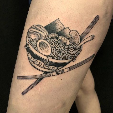 Bowl o ramen tattoo by Scott Santee #ScottSantee #ramentattoo #blackandgrey #stippling #dotwork #linework #noodles #ramen #Pho #chopsticks #mushrooms #egg #nori #soup #foodtattoo #bunny | Mar 28th 2018 | 497241 Noodle Bowl Tattoo, Ramen Tattoo, Ponyo Anime, Ramen Pho, Noodle Art, Vietnam Tattoo, Pho Noodles, Noodles Ramen, Food Tattoos