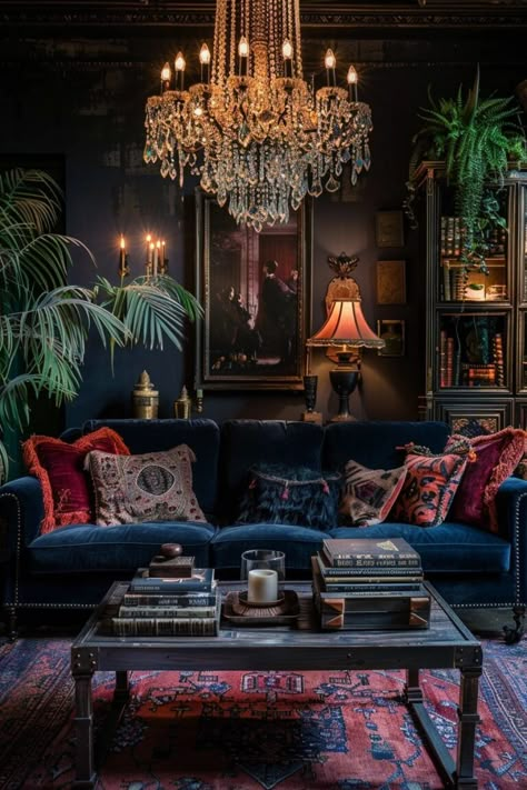 Dark Interior Design Living Room, Elegant Boho Decor, Moody Glam Living Room, Dark Vintage Home Decor, Dark Living Rooms Cozy, Victorian Salon, Vintage Salon Decor, Nola Decor, Cosy Interior Design