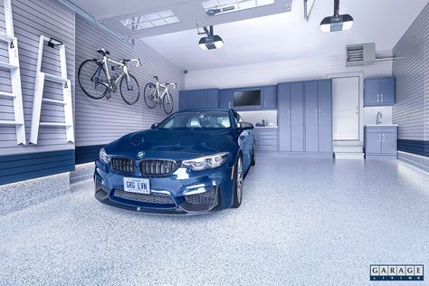 A Driving Enthusiast's Garage | Garage Living Garage Paint Colors, Blue Garage, Garage Transformation, Garage Paint, Garage Heater, Garage Designs, Nautical Colors, Blue Backsplash, Custom Garages