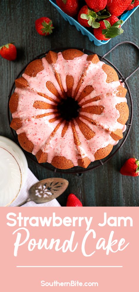 This Strawberry Jam Pound Cake has tons of strawberry flavor and is super easy to make! Fresh strawberries, strawberry extract, and melted strawberry jam, combined with a delicious strawberry glaze, makes this is the best strawberry pound cake ever! Strawberry Jam Cake, Jam Cake, Strawberry Extract, Strawberry Pound Cake, Strawberry Glaze, Cake Image, Pound Cake With Strawberries, Strawberry Flavor, Bundt Cakes Recipes