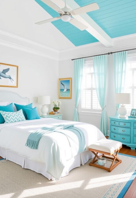 25 Turquoise Bedroom Ideas: Transform Your Space into a Serene Oasis » HomeDecorFull Turquoise Bedroom Ideas, Turquoise Accent Wall, Turquoise Headboard, Turquoise Vanity, Aqua Room, Aqua Bedrooms, Turquoise Bedroom, Taupe Bathroom, Turquoise Curtains