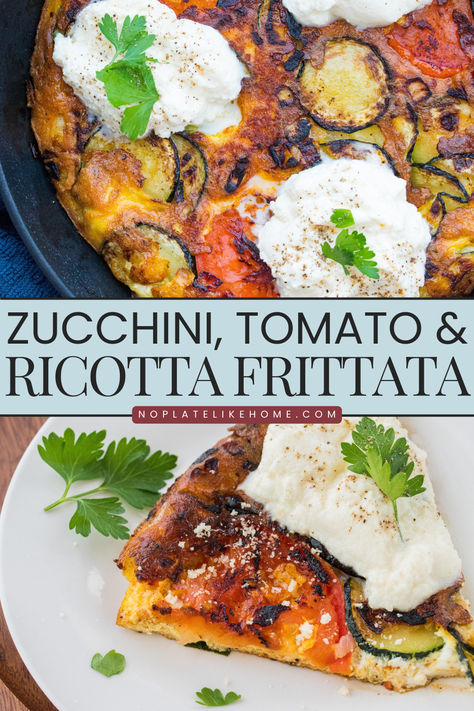 This ricotta frittata recipe is made with thinly sliced zucchini and tomatoes and seasoned with onions, garlic, fresh parsley and parmesan cheese. It’s topped with creamy ricotta cheese for a tasty egg recipe that’s low carb and gluten free. Zucchini Tomato Frittata, Frittata With Ricotta Cheese, Eggs And Ricotta Cheese, Ricotta Eggs, Tomato And Ricotta, Ricotta Frittata, Tomato Frittata, Zucchini And Tomatoes, Sliced Zucchini