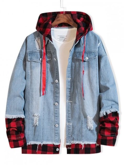 Men Denim Jacket, Hooded Jean Jackets, Korean Casual, Denim Jacket Men, Hooded Shirt, Mens Hooded, Ripped Denim, Plaid Jacket, Short Sleeve Bodysuit