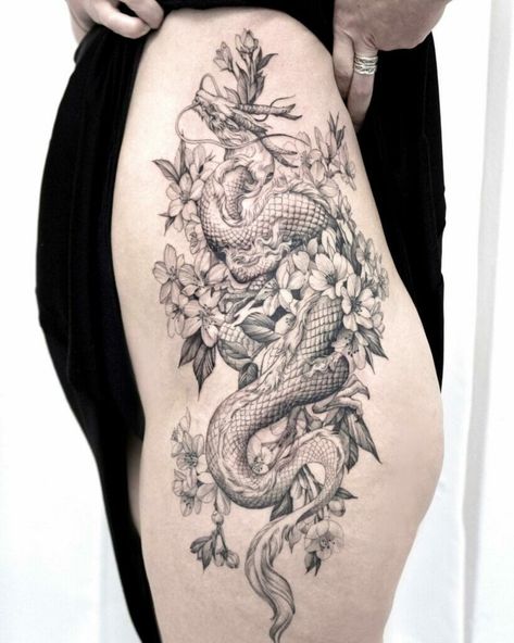 Dragon Cherry Blossom Tattoo, Dragon Cherry Blossom, Bookish Tattoos, Flower Thigh Tattoos, Hip Thigh Tattoos, Japanese Dragon Tattoo, Dragon Tattoo For Women, Special Tattoos, Tattoo Equipment