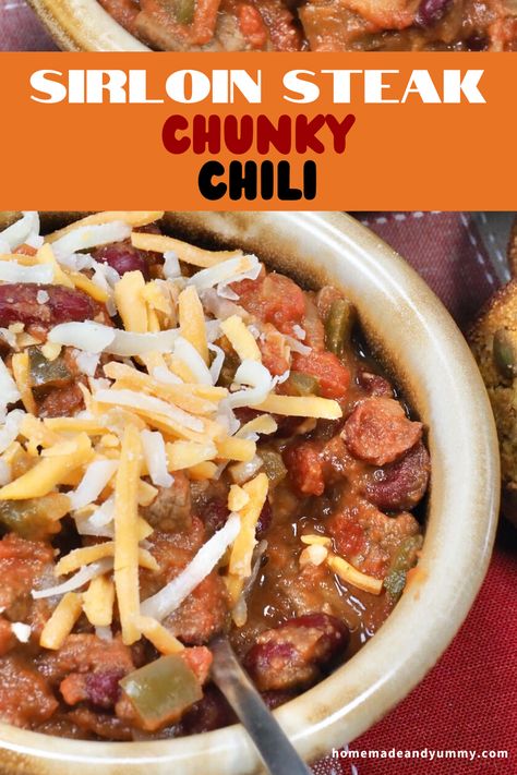 Sirloin Steak Chunky Chili is thick, hearty and so delicious. The perfect Texas style chili recipe for cold winter days. Game day winner dinner. #chunkychili #steakchili #Texaschili #beefchili Sirloin Chili, Chunky Chili, Steak Chili Recipe, Texas Chili Recipe, Texas Style Chili, Steak Chili, Flexitarian Recipes, Texas Chili, Sirloin Steak