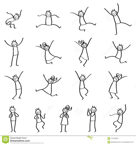 Set Of Stick Figures, Stick People Jumping, Happy Men And Women Smiling And Laughing Stock Vector - Illustration of funny, enthusiastic: 124249643 Happy People Drawing, Doodle People, Stick Drawings, Dibujo Simple, Stick People, Stick Figure Drawing, Doodle Art Journals, Cartoon People, Sketch Notes