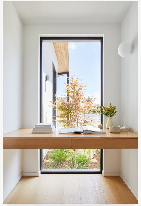 Desk Nook With Window, Office Desk Against Window, Window Frame Desk, Floating Desk In Front Of Window, Home Office Window Desk, Desk With Window Behind, Window Desk Ideas, Narrow Study, Long Study Table