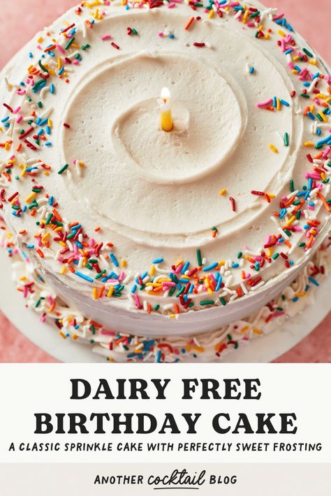 Birthdays can't be celebrated without cake, and this dairy free birthday cake is the ultimate white layer cake filled with rainbow sprinkle confetti and topped with a subtly sweet dairy free buttercream frosting. Allergy Free Cake, Nondairy Cake Recipes, Dairy Free Cake Mix Recipes, Nut Free Cake Recipe, Dairy Free Smash Cake Frosting, Dairy Free Confetti Cake, Gluten Free Dairy Free Carrot Cake, Non Dairy Cake Recipe, Dairy Free Angel Food Cake