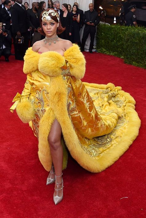 Red carpet, Carpet, Yellow, Flooring, Fashion, Dress, Fun, Leg, Premiere, Haute couture, Rihanna Aesthetic, Best Met Gala Looks, Fashion Inspiration Outfits, Gala Outfits, 2015 Red Carpet, Met Gala Outfits, Guo Pei, Met Gala Dresses, Gala Looks