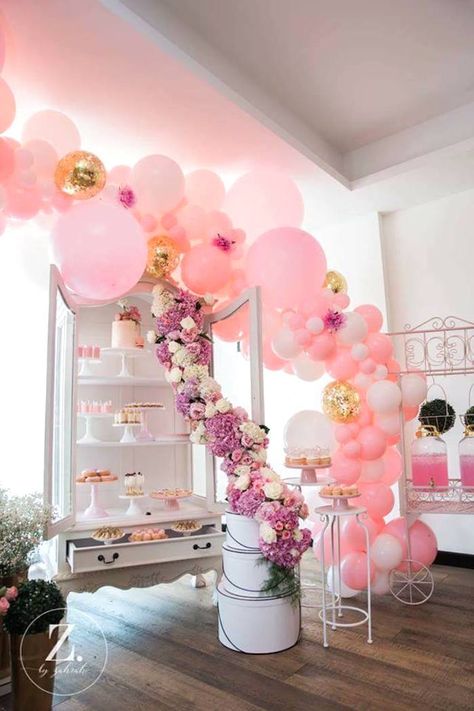 Balloon-arched dessert table from a High Tea Birthday Party on Kara's Party Ideas | KarasPartyIdeas.com (17) High Tea Birthday Party, Balloon Arch Pink, Girls Tea Party Birthday, Princess Tea Party Birthday, Beverage Cart, Super Sweet 16, 17th Birthday Ideas, Tea And Crumpets, Tea Party Table