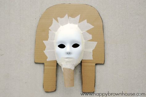 How To Make A King Tut Burial Mask With Kids | Happy Brown House Egyptian Mask Ancient Egypt, King Tut Costume Diy, Diy Sarcophagus, Egypt Props, Egypt Unit Study, Mask Cardboard, Egypt Decorations, King Tut Mask, Ancient Egypt Unit Study