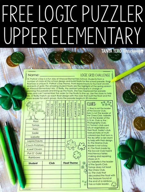 FREE ST. PATRICK’S DAY ACTIVITY for 4th grade, 5th grade, and 6th grade! Use this free resource during the month of March or as a fun St. Patrick’s Day activity! Integrate problem solving and deductive reasoning into your classroom! St Patrick's Day Activities, Elementary Math Classroom, St Patricks Day Quotes, Logic Puzzle, St Patricks Day Crafts For Kids, St Patrick Day Activities, Early Finishers Activities, Language Arts Elementary, Kindergarten Math Activities