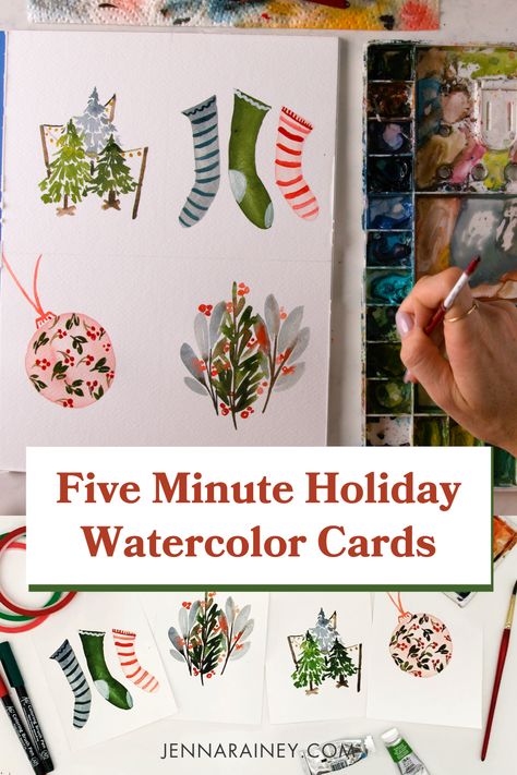 Christmas Card Designs Watercolour, Watercolor Art For Beginners Christmas Cards, Simple Watercolor Holiday Cards, Easy Christmas Cards To Paint, Hand Painted Watercolor Christmas Cards, How To Watercolor Christmas Cards, Simple Holiday Cards Diy, Christmas Watercolor Cards Easy, Easy Watercolour Card Ideas