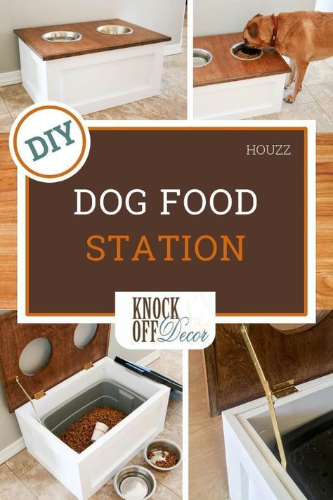 Dog Food Station With Storage, Dog Food Storage Diy, Pet Feeder Station, Cat Food Station, Diy Litter Box, Dog Food Station, Pet Feeding Station, Dog Feeding Station, Diy Dog Food