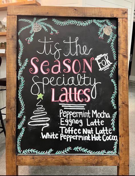 Holiday Coffee Shop Signs, Christmas Coffee Shop Chalkboard, Christmas Coffee Board Ideas, December Chalkboard Art, Coffee Shop Quotes, Business Chalkboard, Restaurant Board, Shop Board Design, Holiday Coffee Drinks