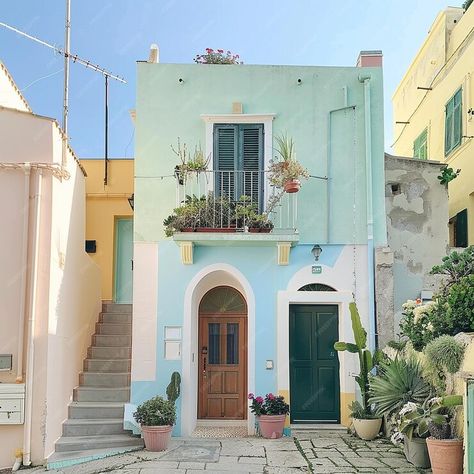 Premium Photo | A blue building with a balcony in a countryside Cityscape Reference, Carlton House, Narrow House Designs, Aesthetic Italy, Blue Building, Urban Sketch, Cafe Shop Design, Narrow House, House Quilts