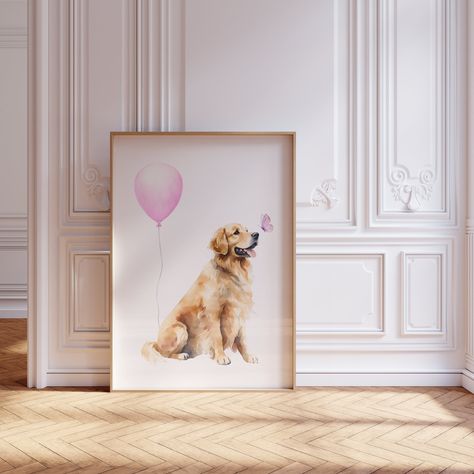 Girl Golden Retriever, Golden Retriever Nursery, Golden Retriever Flowers, Balloon Butterfly, Puppy Nursery Theme, Golden Retriever Girl, Puppy Nursery, Chien Golden Retriever, Dog Nursery