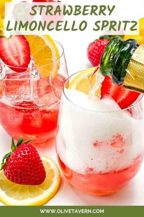 This Strawberry Limoncello Spritz is a perfect Italian cocktail recipe for spring and summer! Made with lemon, strawberries, and sparkling wine. Strawberry Lemon Cocktail, Strawberry Limoncello Spritz, Drinks With Aperol, Spritz Recipes Alcohol, Lemon Spritz Cocktail, Lemoncello Spritzers Recipe, Lemoncello Recipes Drinks, Italian Summer Drinks, Trending Cocktails