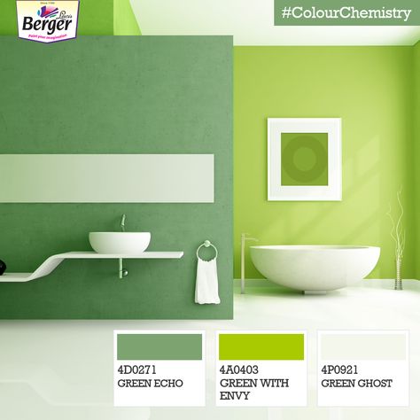 Isn’t the combination of bottle green and fresh grass green so refreshing to the senses? These colours bring the outdoors into your bathroom and provide the perfect ‘wake-me-up’ when you enter this space! #ColourChemistry Wall Paint Combination, Paint Business, Aqua Bedrooms, Green Painted Walls, Home Wall Painting, House Colour, Wall Color Combination, Paper Decorations Diy, Green Color Combinations