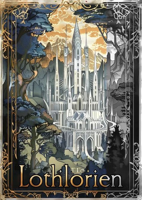 Full Color Image in ai-img-gen.com 🔸 art deco travel poster of the white city in Lothlorien from Lord Of The Rings, with text "Lothlorien... 🔸 From Midjourney AI Image Art Nouveau Lord Of The Rings, Worldbuilding Website, Lothlorien Art, Lothlorien Aesthetic, Rivendell Aesthetic, Lord Of The Rings Posters, Middle Earth Aesthetic, Lord Of The Rings Elves, Hobbit Room