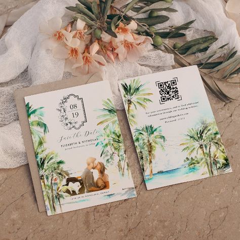 Tropical Beach Palm Trees | Photo Save the Date Beach Palm Trees, Trees Photo, Wedding Itinerary, Photo Save The Date, Beach Destination Wedding, Destination Wedding Invitations, Vintage Wedding Invitations, Tree Wedding, Photo Tree