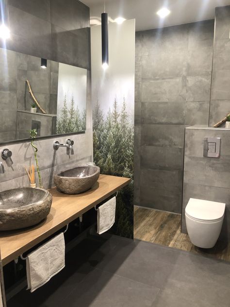 Bathroom Antracit And Wood, Concrete Style Bathroom, Concrete Wood Bathroom, Grey And Wood Bathroom Ideas, Concrete And Wood Bathroom, Bathroom Ideas Dark Green, Dark Green Bathroom Decor, Green Bathroom Inspiration, Bathroom Dark Green