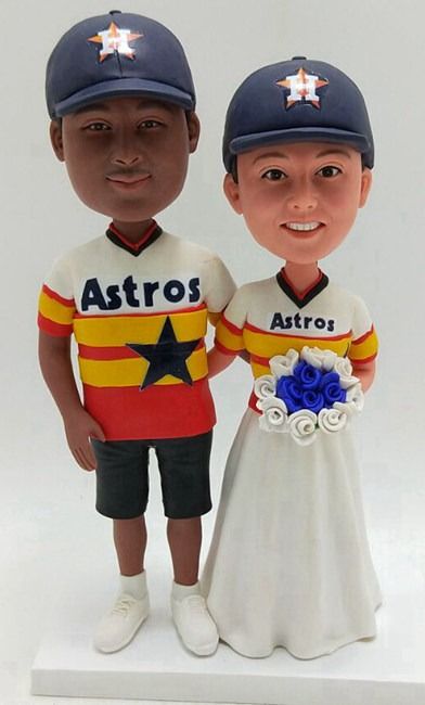 Custom wedding cake toppers ASTROS fan couple [5335] - $135.00 : Custom Bobblehead dolls and personalized cake toppers wedding bobbleheads Astros Cake, Cake Toppers Wedding, Custom Bobblehead, Custom Figurines, Custom Wedding Cake Toppers, Custom Wedding Cakes, Wedding Topper, Personalized Cake Toppers, Wedding Officiant