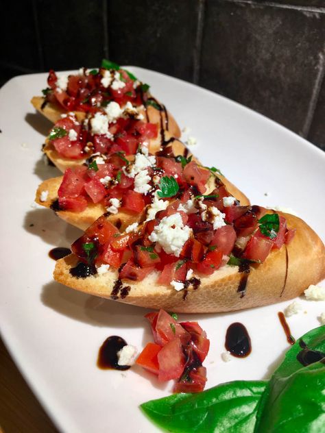 Feta Bruschetta Recipe, Bruschetta With Balsamic Glaze, Milk Tarts, Feta Bruschetta, Cheesy Spinach Artichoke Dip, Wrapped Pork Tenderloin, Homemade Bruschetta, Balsamic Glaze Recipes, Bacon Wrapped Pork Tenderloin