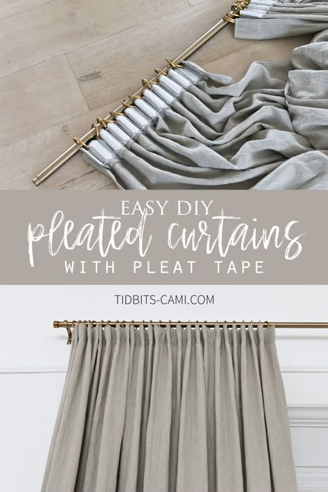 Here is our guide on how to make Pinch Pleat Curtains. Showing you how to sew on pleat tape to your fabric or curtains, to make luxury pleated drapery. You won’t believe how easy it is! #homedecor #DIY Diy Pinch Pleat Drapes, Easy Drapes Diy, Make Curtains Look Fuller, Diy Easy Curtains, Diy Living Room Curtains, Curtains Diy How To Make, How To Make Pleated Curtains, Pleated Curtains Diy, How To Hang Pleated Curtains