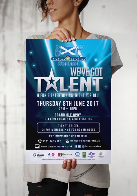 WE'VE GOT TALENT – Large printout event poster for marketing dates-n-mates Scotland's We've Got Talent Show. #graphicdesign #marketing #advertising #branding #poster #printout #print #events Talent Search Poster, Got Talent Poster, Talent Show Poster, Got Talent Show, Branding Poster, Online Jobs For Teens, Daisy Wallpaper, Jobs For Teens, Event Banner