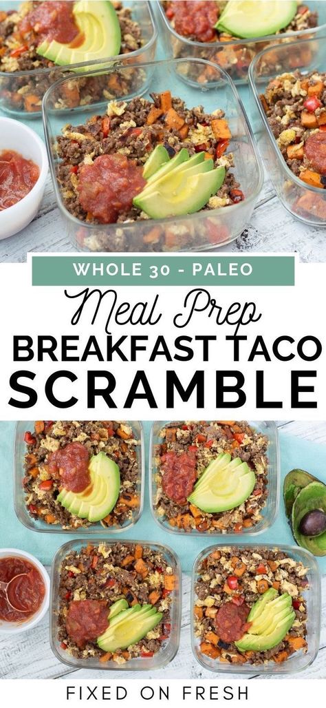 Taco Scramble, Taco Breakfast, Potato Eggs, Ground Turkey Sweet Potato, Eggs And Veggies, Turkey Sweet Potato, Breakfast Scramble, Breakfast Taco, Whole30 Meal Prep