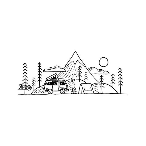 583 Likes, 34 Comments - David Powell (@david_rollyn) on Instagram: “#tbt to this drawing I did a few weeks ago, which is being turned into stickers! #drawing #design…” Adventure Drawing Ideas, Camper Drawing Simple, Easy Camping Drawings, Campervan Drawing, Camping Drawing Simple, Camping Sketch, Outdoors Drawing, Logo Camping, Camping Drawing