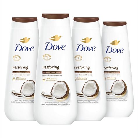 Dove Body Wash Restoring Coconut & Cocoa Butter 4 Count for Renewed, Healthy-Looking Skin Gentle Skin Cleanser That Effectively Washes Away Bacteria While Nourishing Your Skin 20 oz. Dove Cream, Purple Shampoo And Conditioner, Dove Body Wash, Gentle Skin Cleanser, Shampoo And Conditioner Set, Skin Cleanser, Purple Shampoo, Antiperspirant Deodorant, Skin Cleanser Products