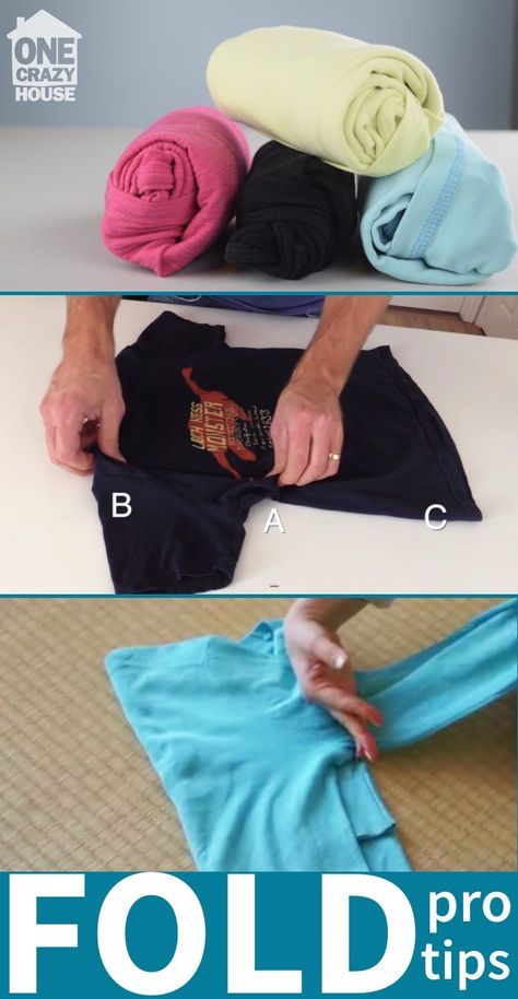 Five shirt folding hacks you cannot live without. Fold a shirt perfectly in seconds with these tee shirt tips. Fold Tshirts, Shirt Folding Trick, Folding Shirts, T Shirt Folding, Folding Tips, Folding Hacks, Dorm Room Hacks, Crazy House, Shirt Folding