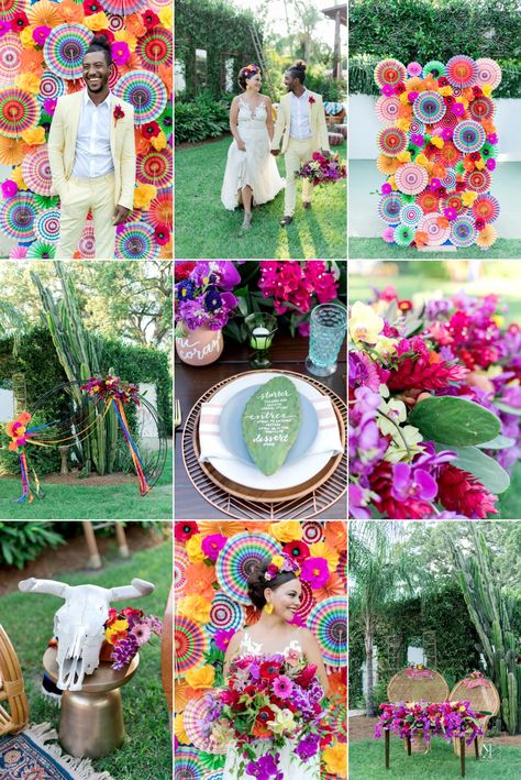 Colorful Jungle Wedding, Bright Coloured Wedding Decor, Bright Color Theme Party, Mexican Inspired Wedding Decor, Table Decorations Colorful, Bright Color Wedding Theme, Mexico Inspired Wedding, Fiesta Theme Wedding, Bright Wedding Color Schemes